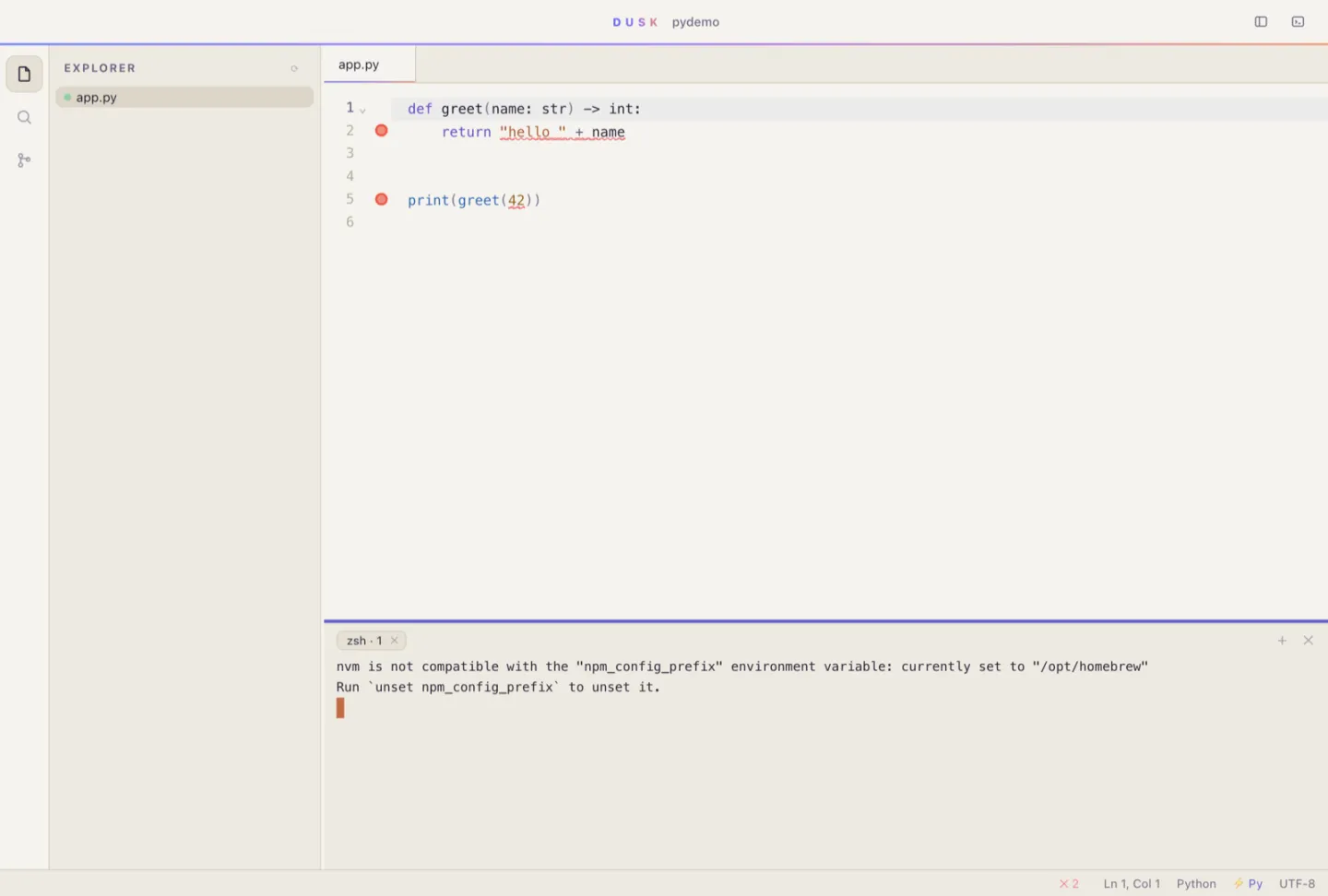 Dusk IDE Dawn light theme showing Python type errors from the bundled language server
