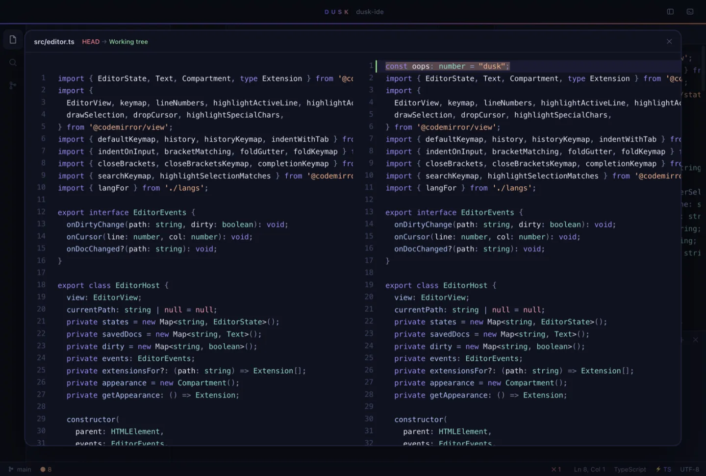 Dusk IDE side-by-side git diff viewer comparing HEAD with the working tree