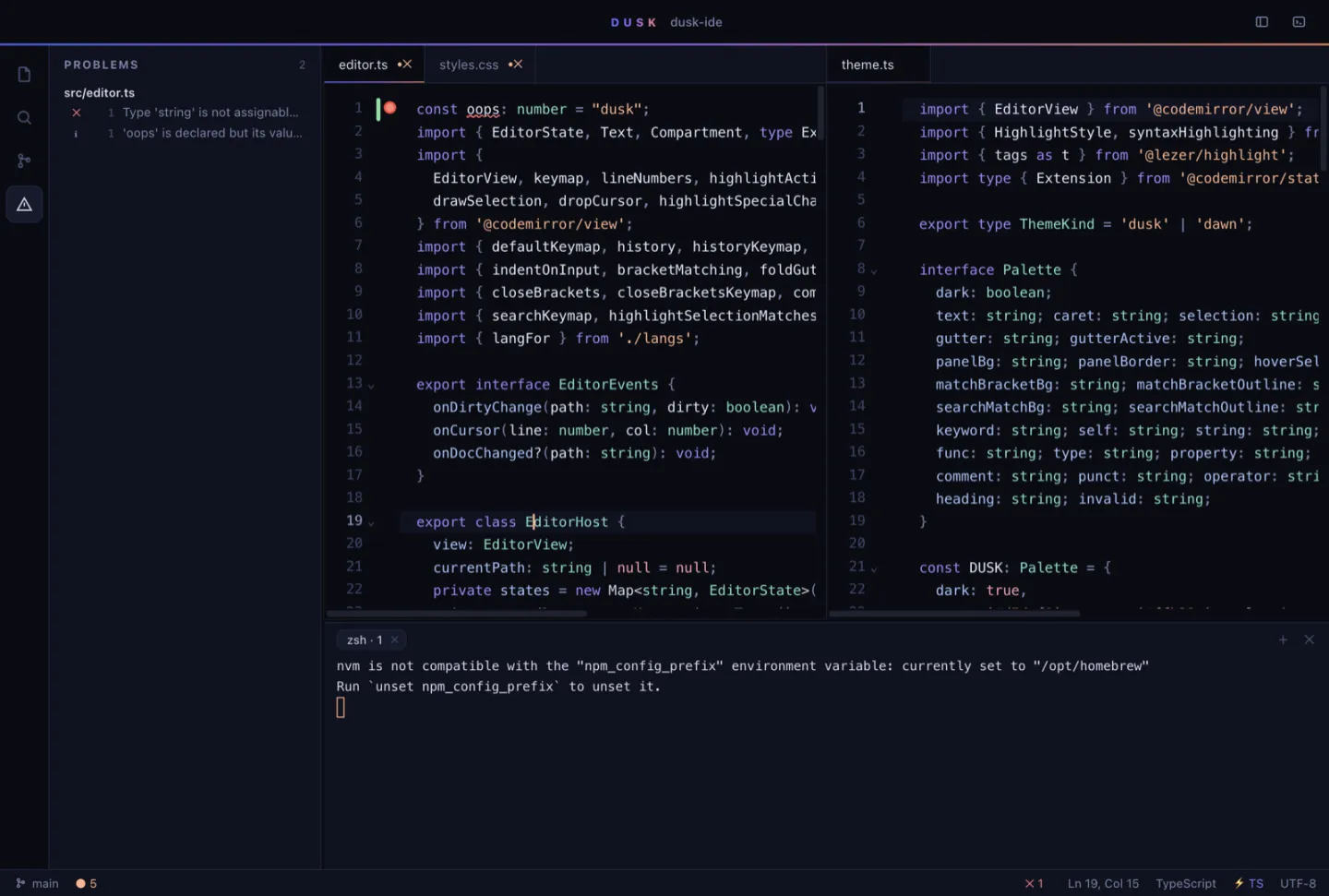 Dusk IDE Problems panel listing diagnostics across open files